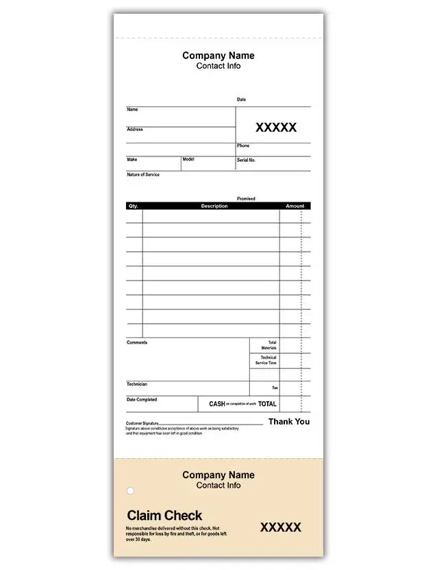 Automotive Service Order with Claim Check