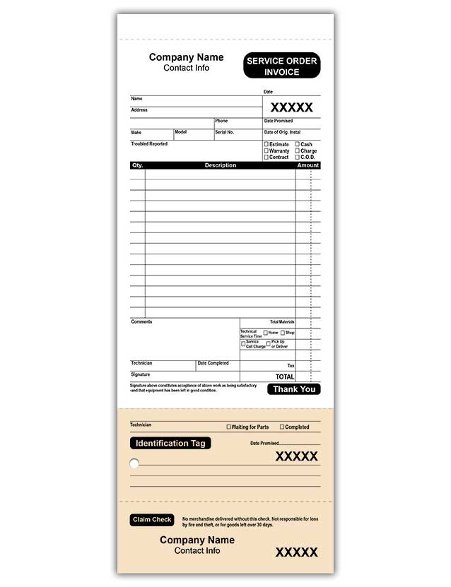 Service Order Invoice with Detachable Claim Check