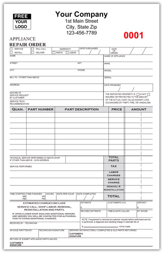 Appliance Repair Order invoice Form 667 2-Part or 3-Part NCR